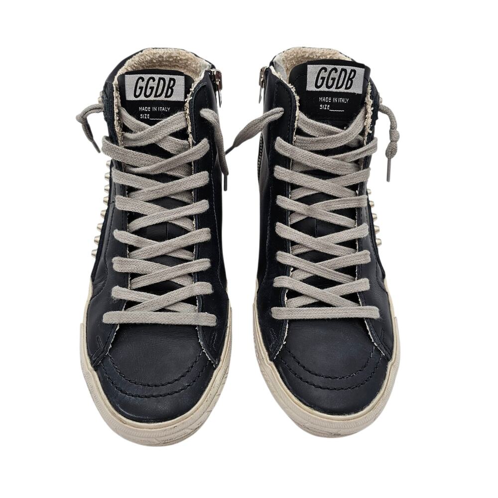 Golden Goose Slide Studded High Top Zip Up Sneaker Black Leather Size 37 US 7 - Picture 4 of 11